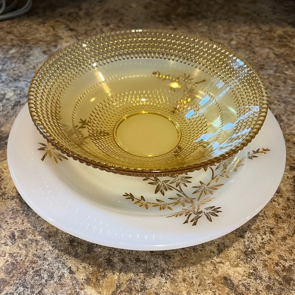 Beautiful Vintage Amber Glass Beaded Bowl and Federal White Milk Glass Bowl Set